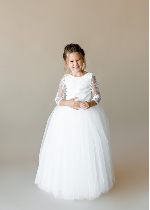 Three Quarter Sleeves Ivory Lace Tulle Sheer Back Flower Girl Dress